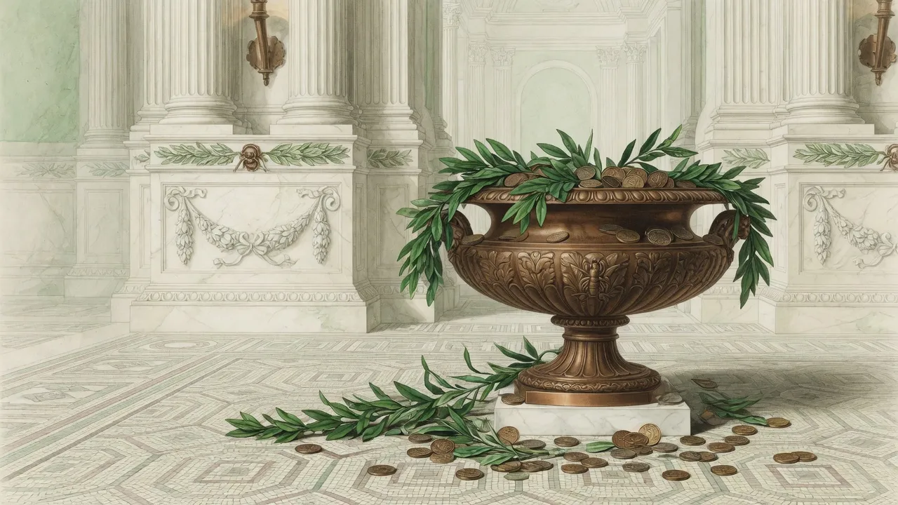 Bronze urn spilling wreaths and coins