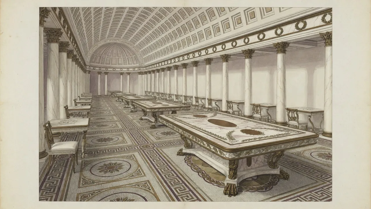 Colonnaded gallery of gaming tables