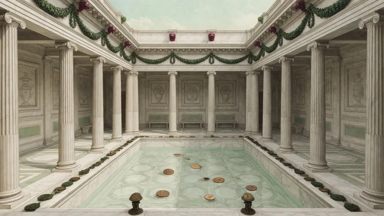 Villa atrium with coins under the pool water